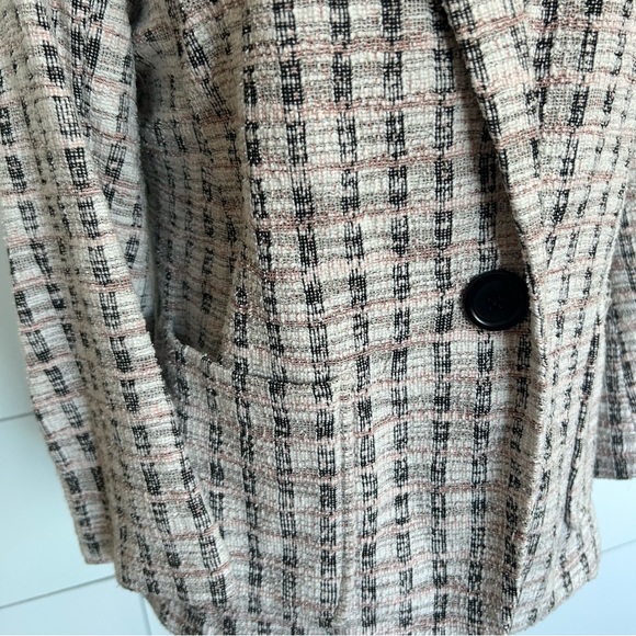Max Studio Black White & Pink Plaid Tweed Blazer w/ Single Button Closure - Picture 3 of 10